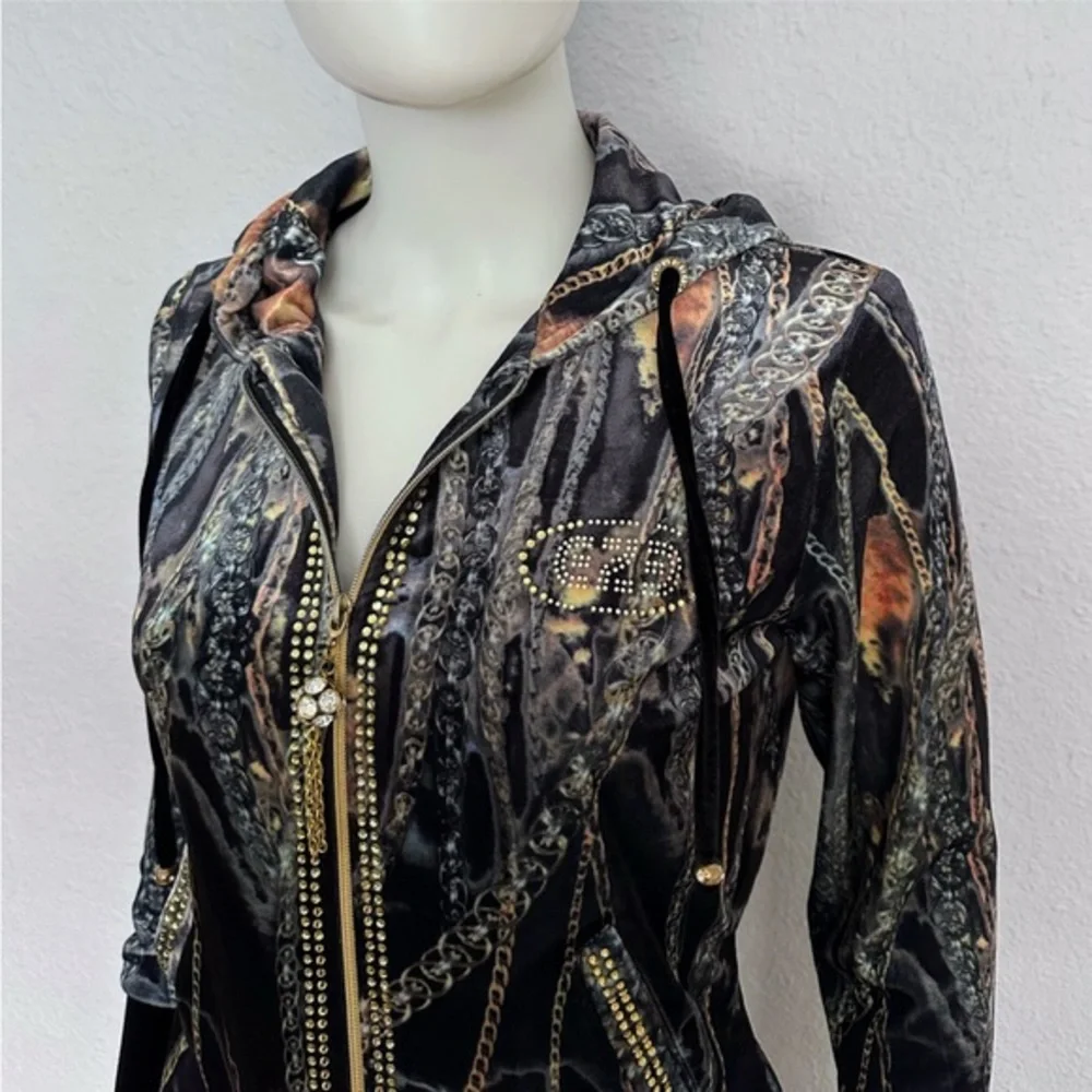 NWT WOMEN VELOUR TRACKSUIT 2 PC SET JACKET/BLACK‎ PANTS HOODED ZIPPED LOUNGEWEAR
